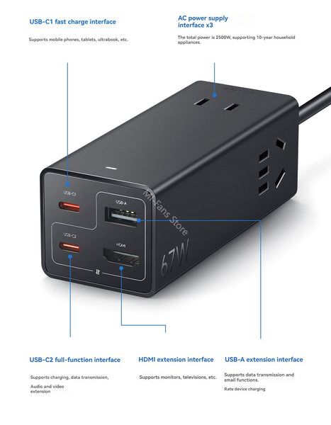 Xiaomi 67W Desktop Fast Charging Socket Pro USB-A USB-C AC 2500W MAX Power Strip Docking Station HDMI 7in1 With 6A Data Line