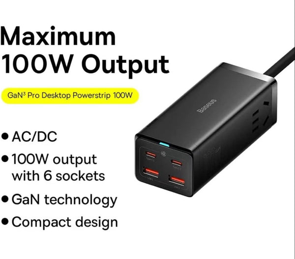 GaN3 Pro Gallium Nitride 100W Generation Desktop Fast Charger 2X USB-C + 2X USB-A +2X 100-240V AC Power Extension Jack Black Compatible with Baseus