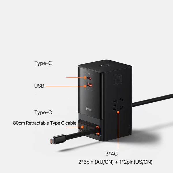 GaN3 Pro Gallium Nitride 65W Generation Desktop Fast Charger 1X USB+ 2X USB-C + 3X AC with Retractable Type-C Cable Jack Black Compatible with Baseus